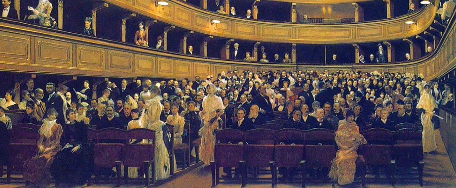 particolare della locandina: dipinto di una platea di teatro