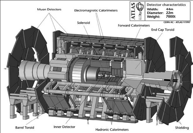Figura 2. Schema del rivelatore ATLAS. In figura è mostrata la disposizione del tracciatore interno (Inner Detector), dei calorimetri elettromagnetico (Electromagnetic Calorimeter) ed adronico (Hadronic Calorimeter) e del rivelatore di Muoni (Muon Detectors)