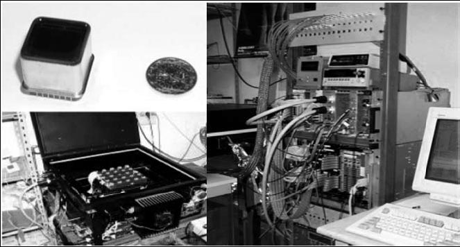 Figura 4. Apparato sperimentale sviluppato presso i laboratori dell’Istituto Nazionale di Fisica Nucleare di Pisa per la caratterizzazione dei 1.500 fotomoltiplicatori del calorimetro Tile di ATLAS. In alto a sinistra è mostrata una foto di un fotomoltiplicatore accostato ad una moneta da 1 euro che permette di valutarne le dimensioni. In basso a sinistra è mostrato un particolare della scatola che conteneva i fotomoltiplicatori per le misure. A destra è mostrata l’apparecchiatura elettronica utilizzata per i test
