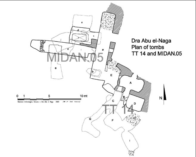 Pianta delle due tombe rupestri TT 14 e MIDAN. 05