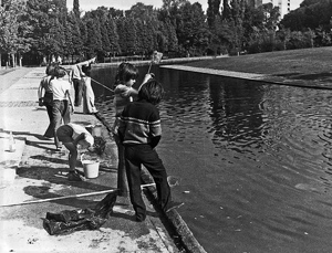 Ragazzi pescano in un laghetto nel parco di Stevenage