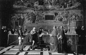Un dipinto raffigurante il processo a Galileo